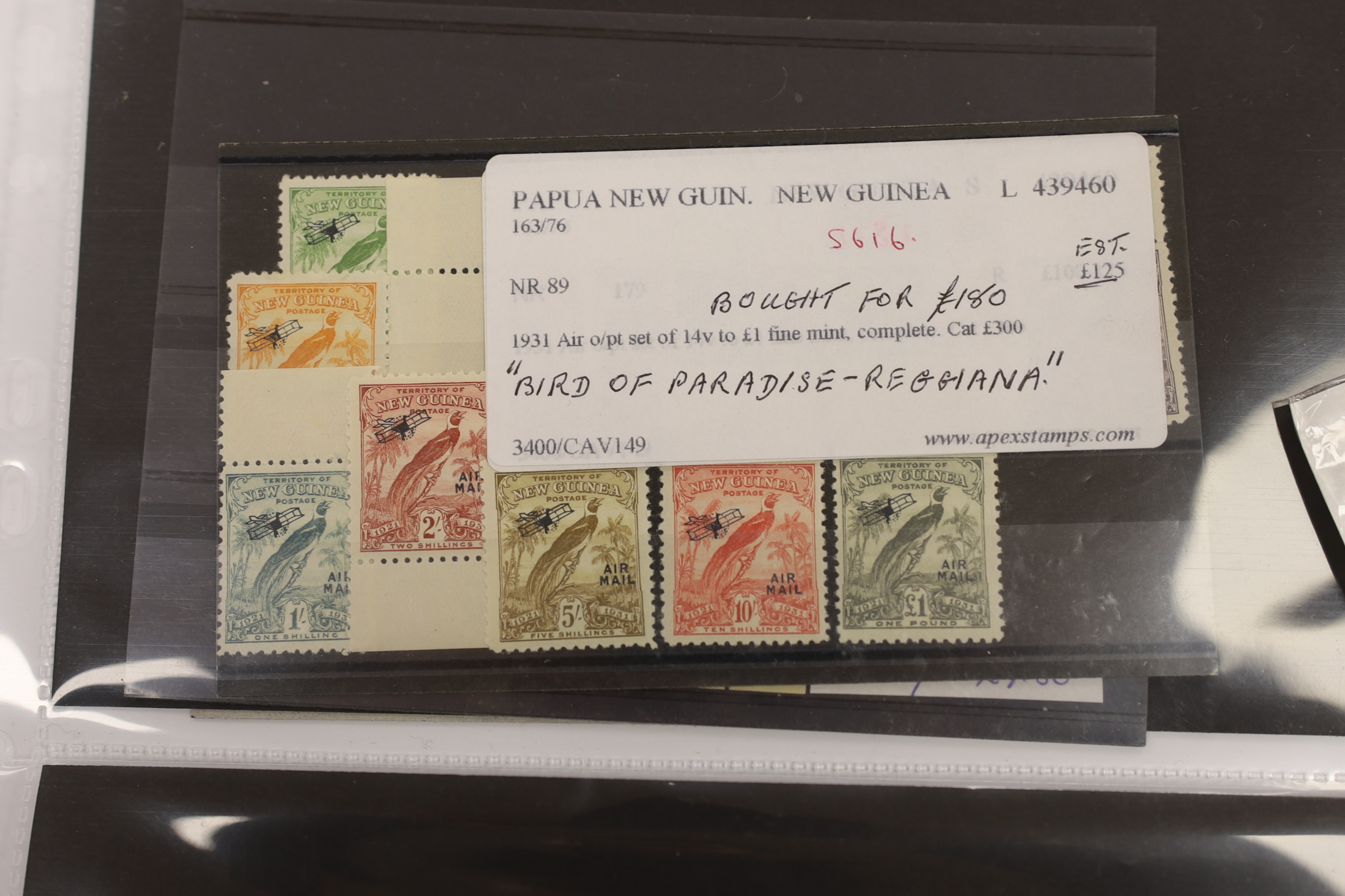 Various stamps including New Guinea 1931 both Overprinted air sets, 1935 £2, 1939 set to £1, New Zealand Q.V. Postal Fiscals to 5/- (2), 6/- and 10/-, 1902 2/- marginal block, Rhodesia 1905 Falls set, Northern Rhodesia 1